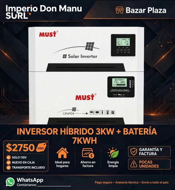 INVERSOR HÍBRIDO MUST 3KW + BATERÍA LITIO 7KWH's foto | Don Manu |  BizneCubano